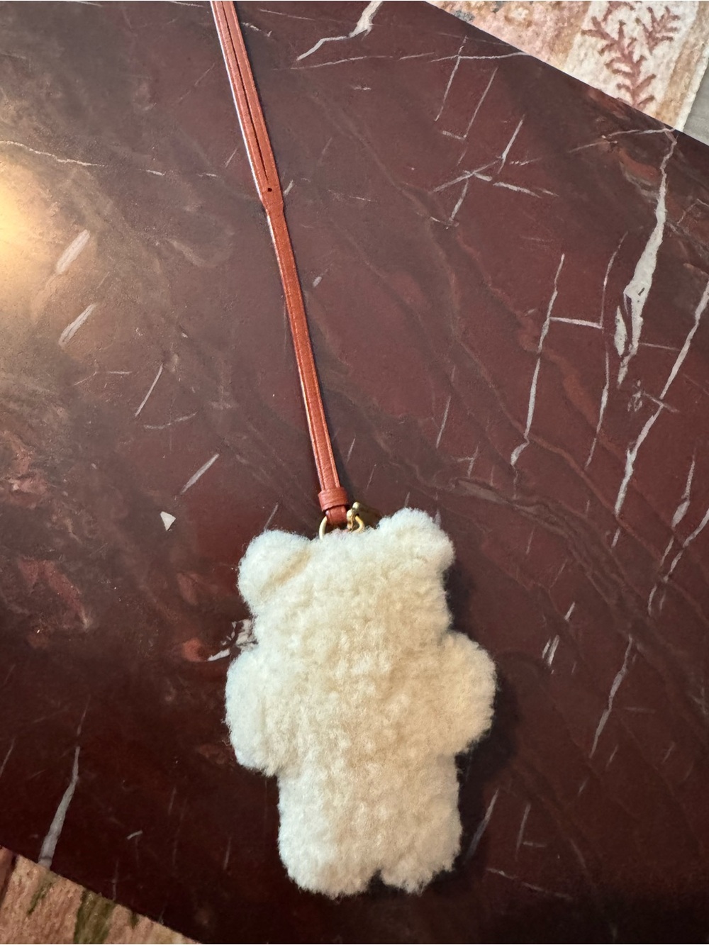 Coach Cream Plush Teddy Bag Charm with Brown Leather Strap
